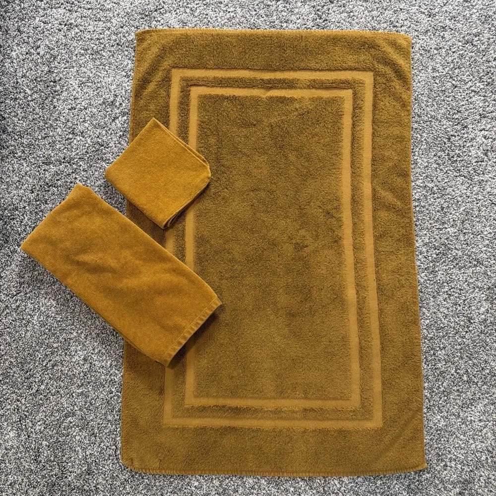 Vtg 70s Fieldcrest Hand Towel 3-pc bathmat set‎ 100% Cotton Gold Coordinates YSL